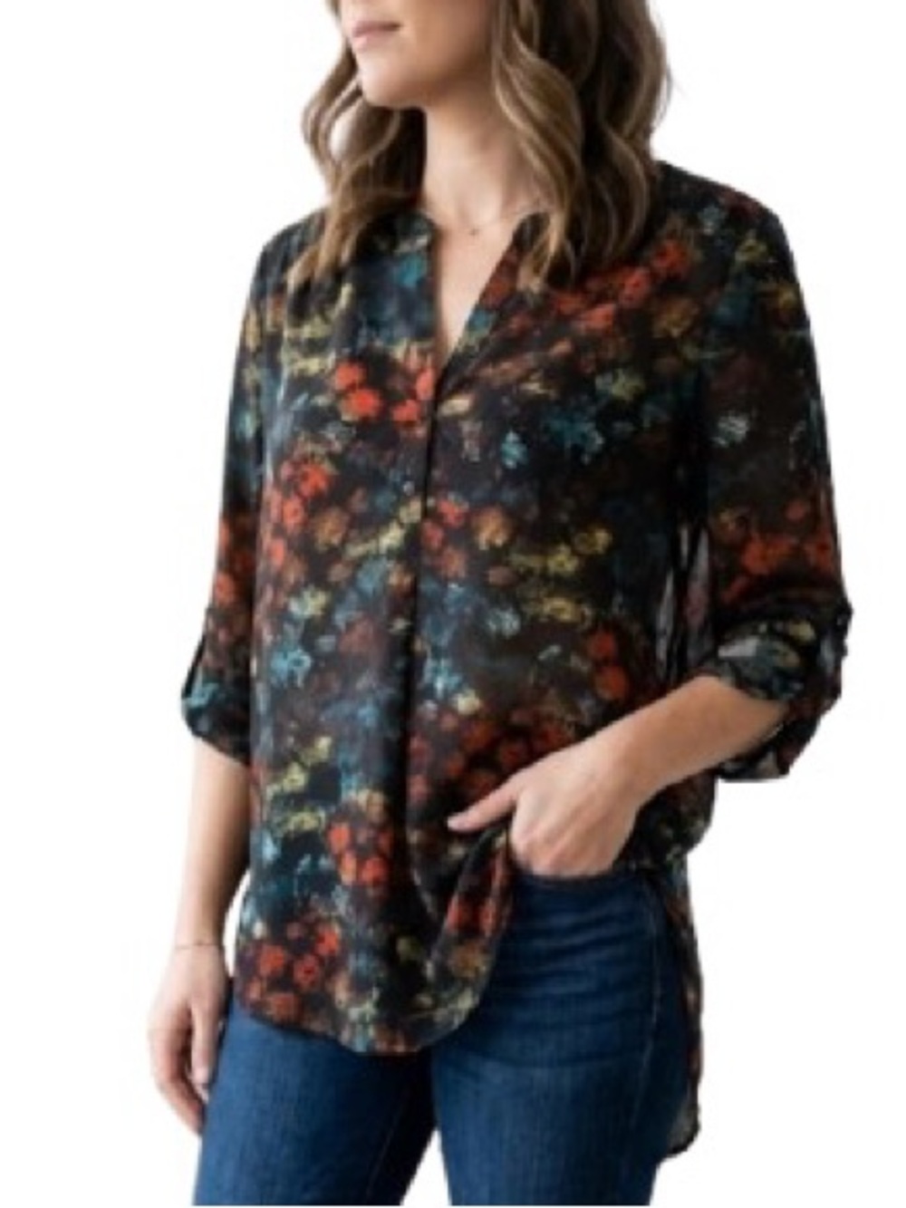 Como Black Pleated Shoulder Floral High-Low Semi-sheer Blouse - Size Medium